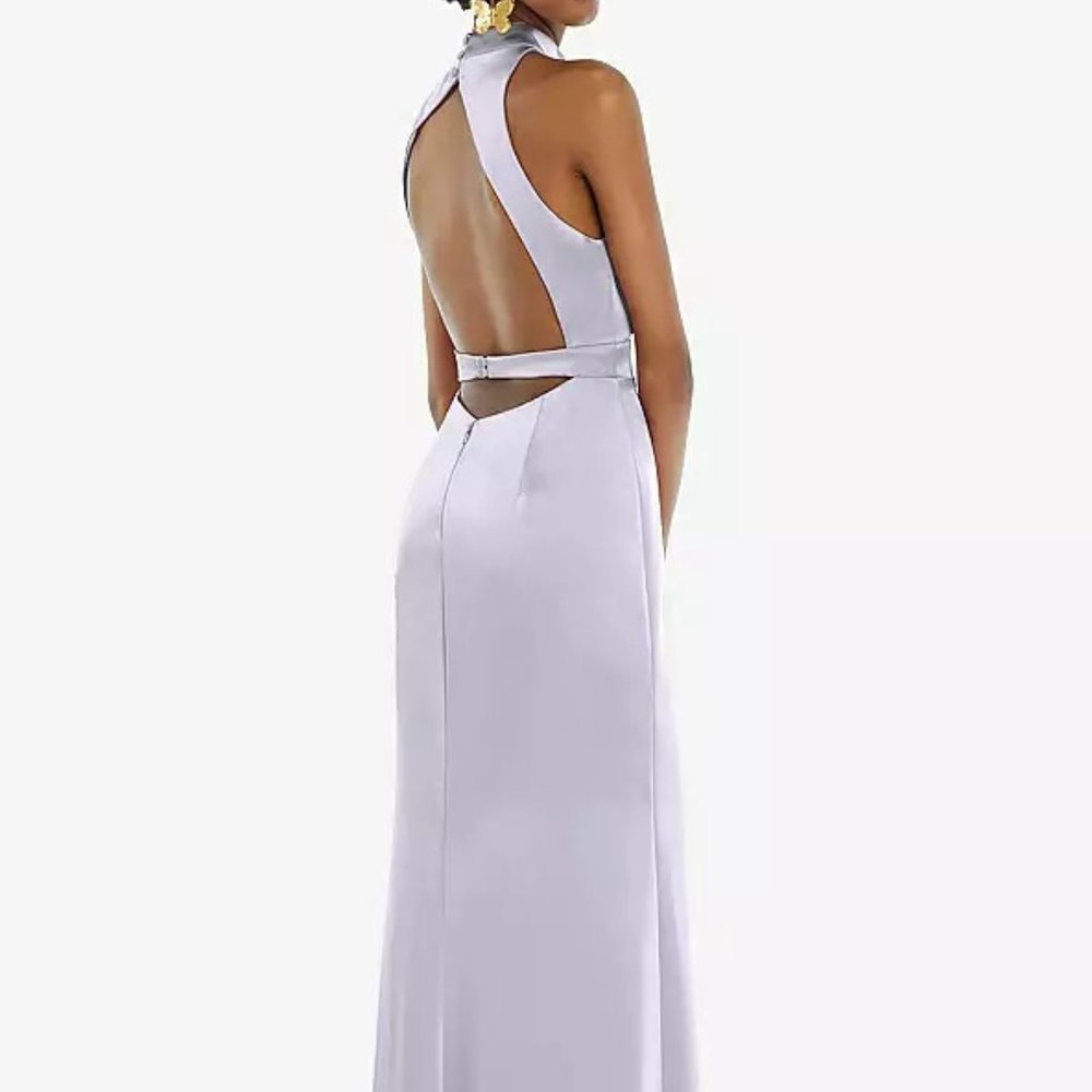 High neck backless maxi bridesmaid dress with slim belt in blueish silver color